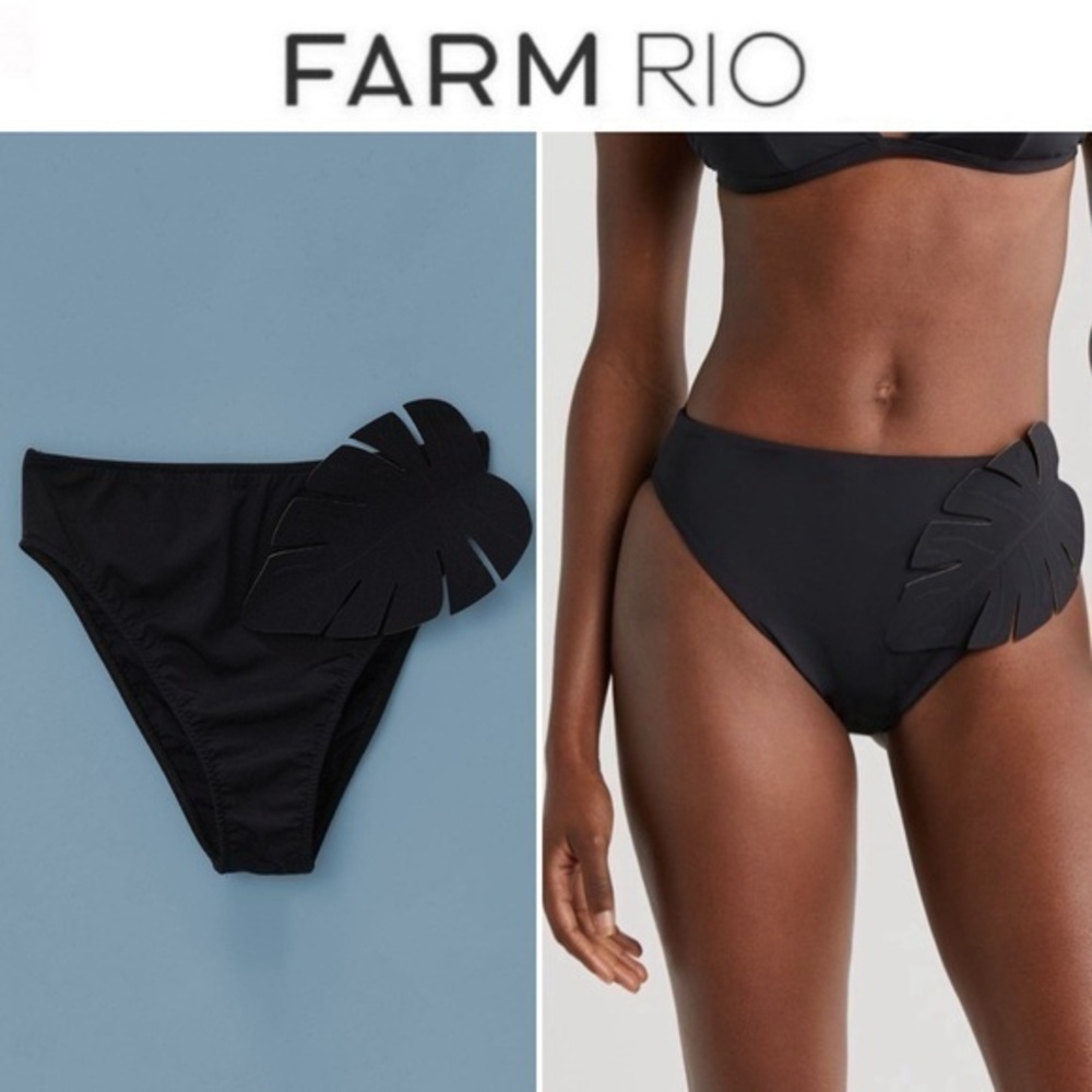 FARM RIO Palm Appliqué Bikini Bottom in Black sz Large $120